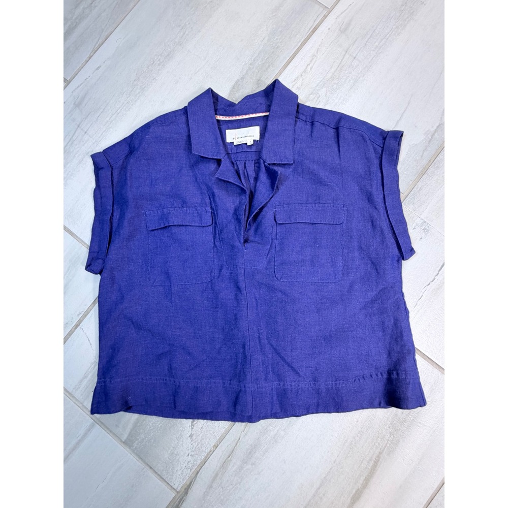 Anthropologie Purple Linen Blend Short Sleeve Boxy Crop Blouse Top Small
